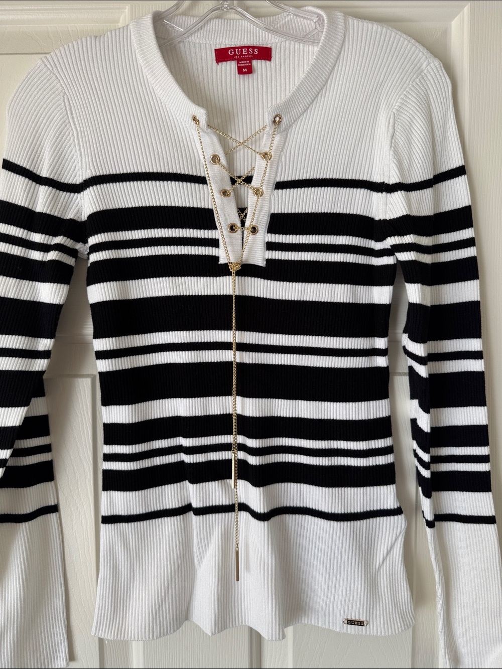 GUESS Black and White Striped Lace-Up Ribbed Long Sleeve Top